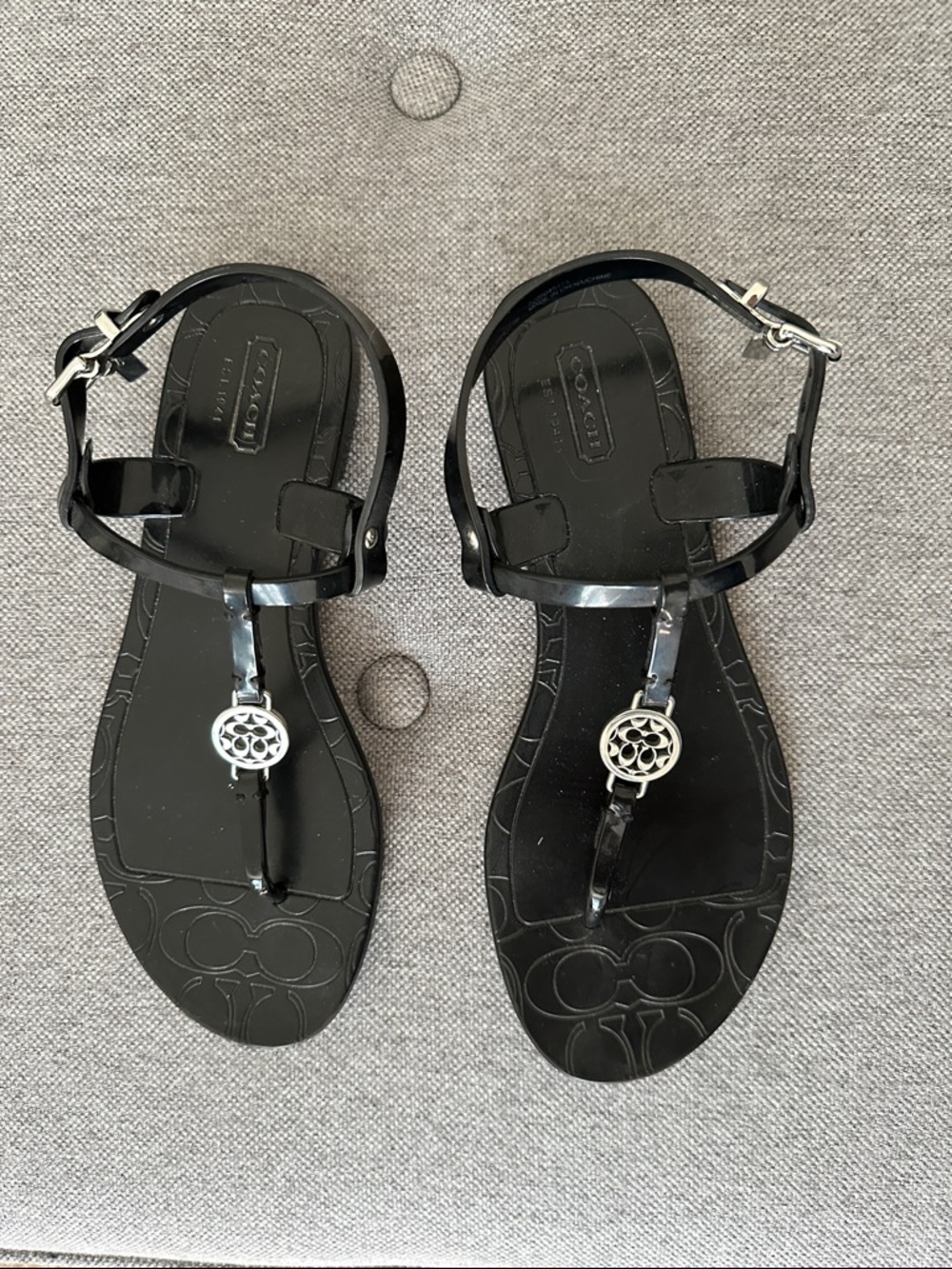 Coach Black T-Strap Sandals with Silver Logo Medallion